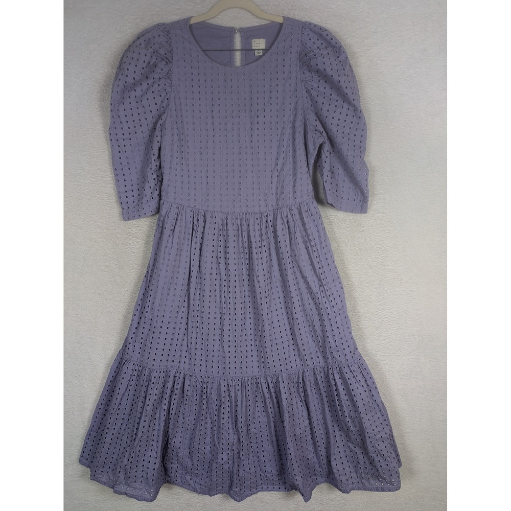 A New Day Midi Dress Women's M Purple Eyelet Puff Sleeve Tiered Lavender